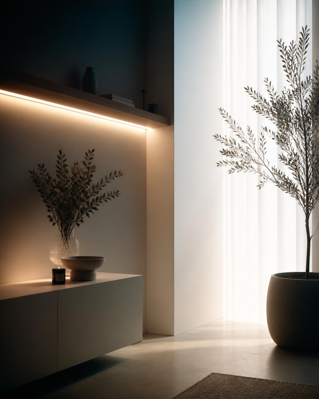 Barra LED encendida iluminando un rincón del hogar con luz cálida